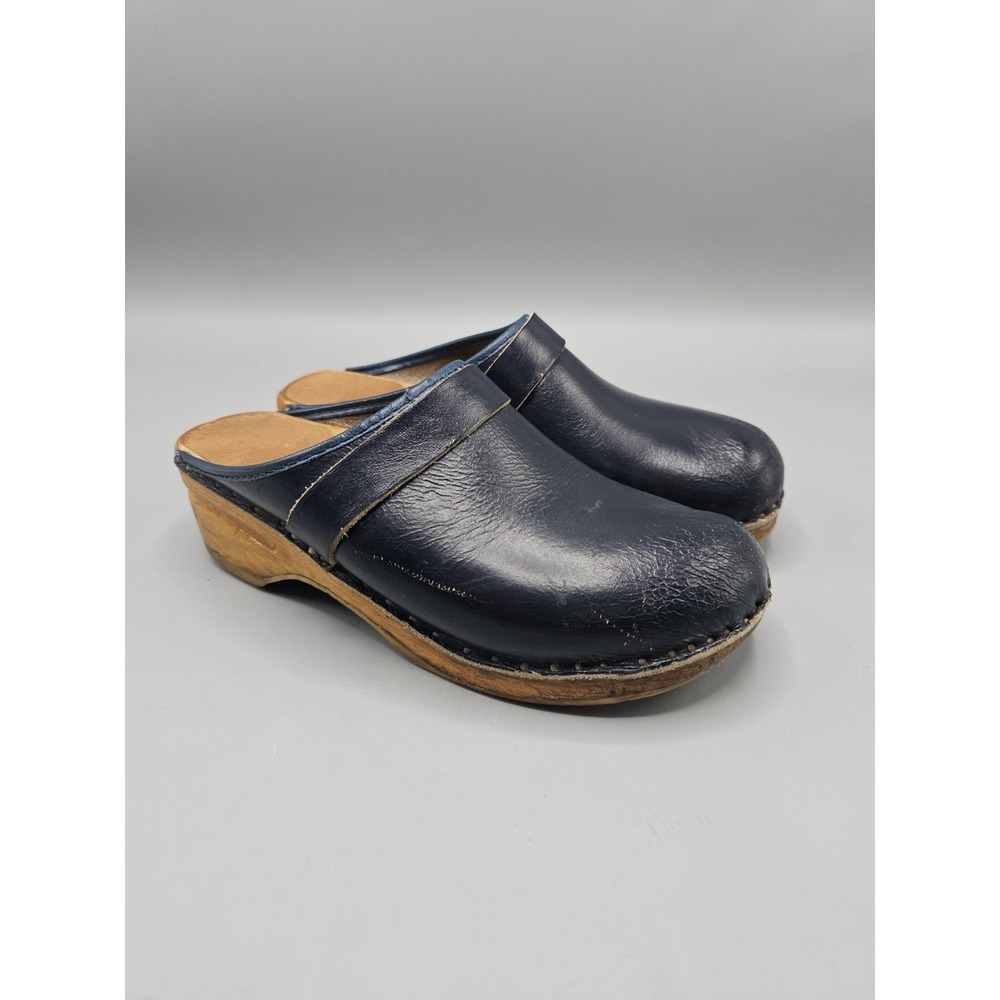 Bastad Original Wood Clogs EU‎ 36 US 5.5-6 Navy Leather Made In Sweden Boho